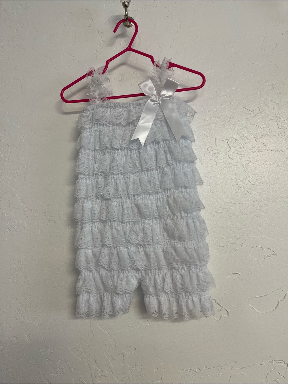 White Lace Ruffle Romper with Satin Bow